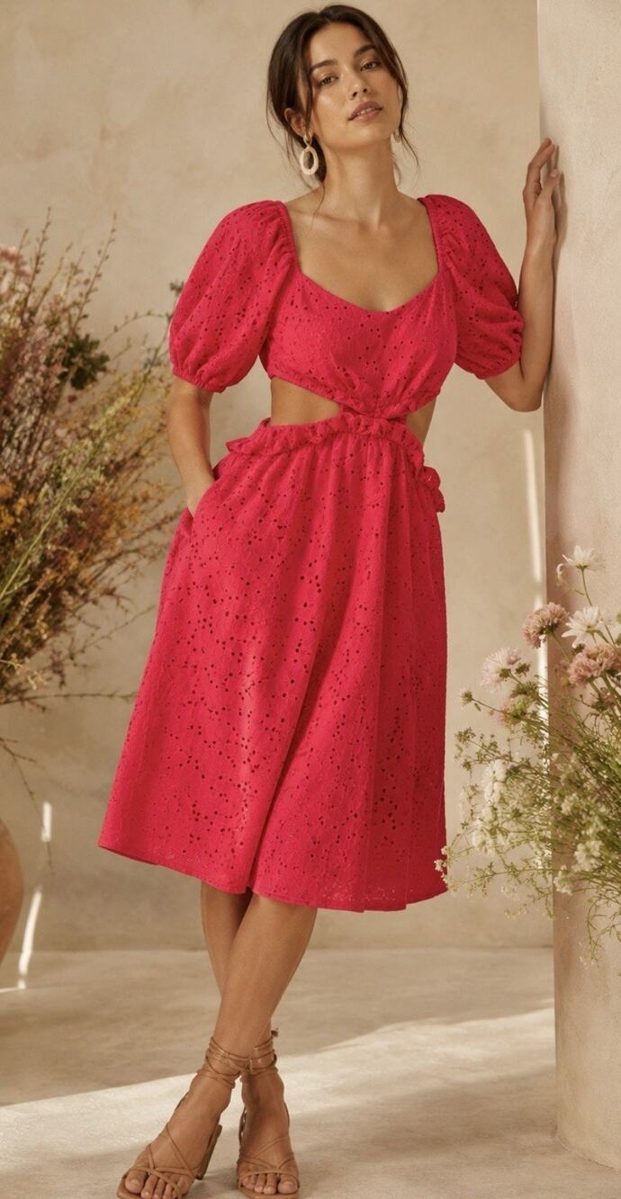 Hutch Vibrant Red Eyelet Embroidered Cutout Dress Short Puff Sleeve Size 10